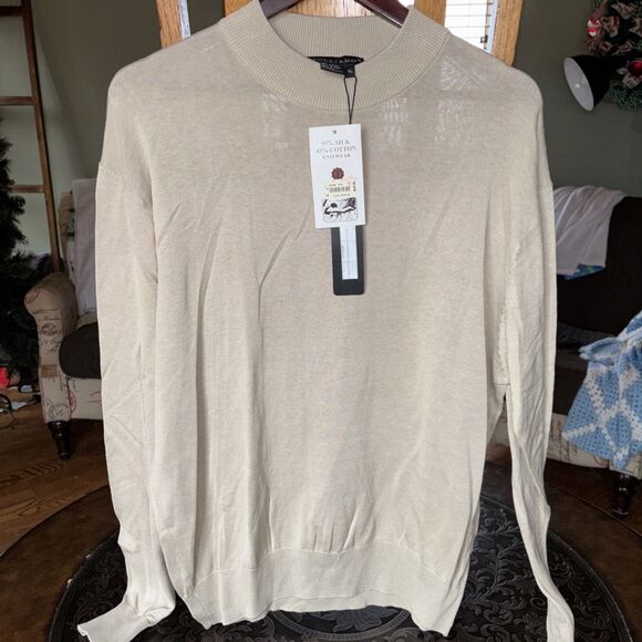 Tulliano Sweater Mens XL Beige Silk Cotton Mock Neck Pullover Lightweight - Picture 2 of 5
